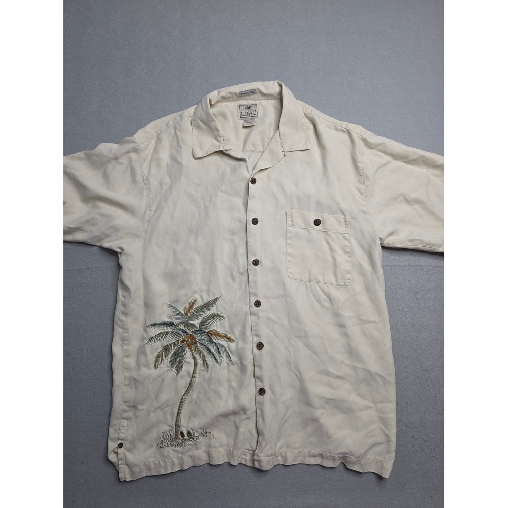 Luau Hawaiian Shirt Mens L Beige Herringbone Finest Silk Embroidered Palm Tree